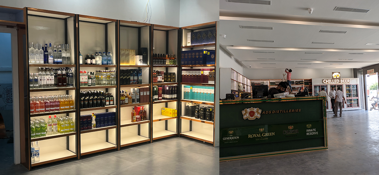 Woodnote Brand Shop Bahadurgarh retail liquor store interior by Next BC